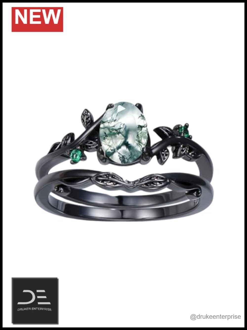 Natural Moss Agate Engagement Ring 925 Sterling Silver Oval Promise Ring Set